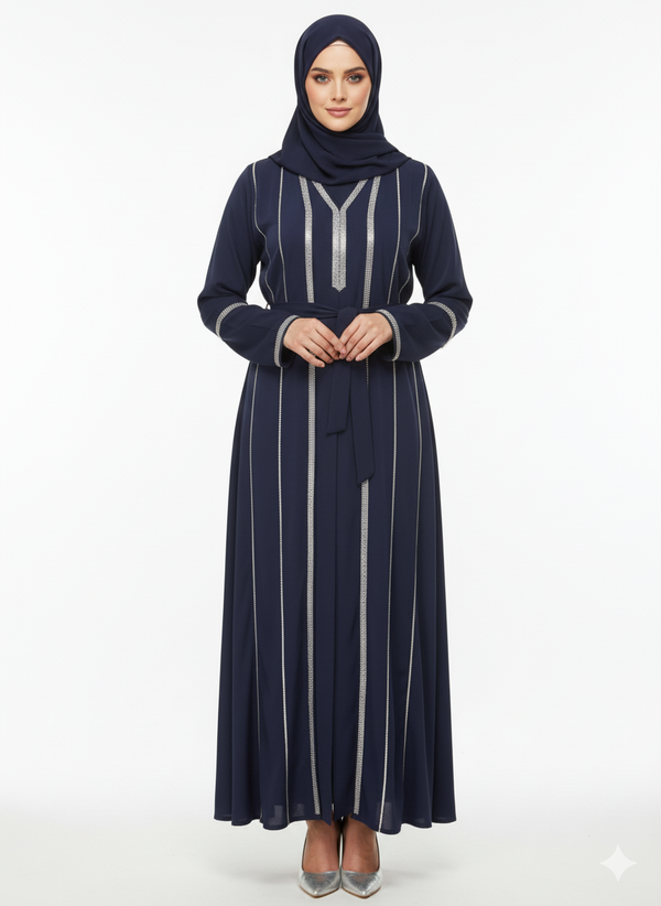 Rizqé Navy Blue Abaya | Linear Silver Embellished Belted Modest Dress | Premium Evening Gown