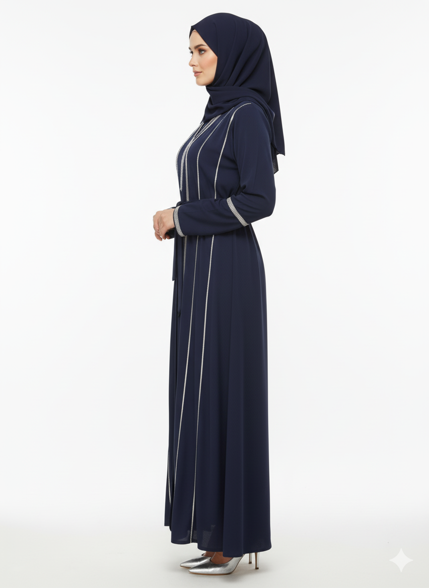 Rizqé Navy Blue Abaya | Linear Silver Embellished Belted Modest Dress | Premium Evening Gown