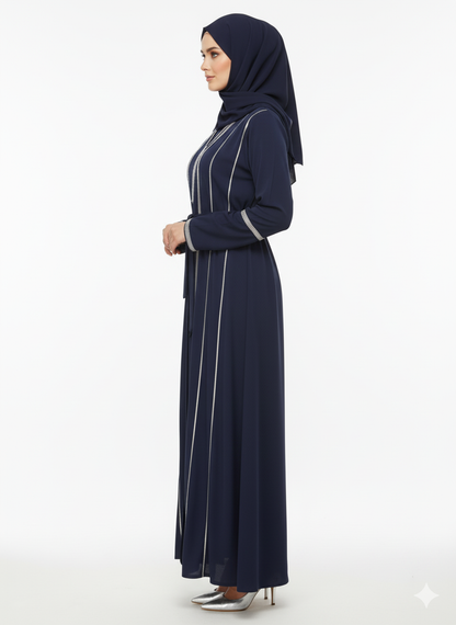 Rizqé Navy Blue Abaya | Linear Silver Embellished Belted Modest Dress | Premium Evening Gown
