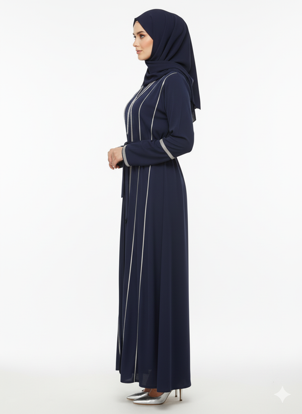 Rizqé Navy Blue Abaya | Linear Silver Embellished Belted Modest Dress | Premium Evening Gown