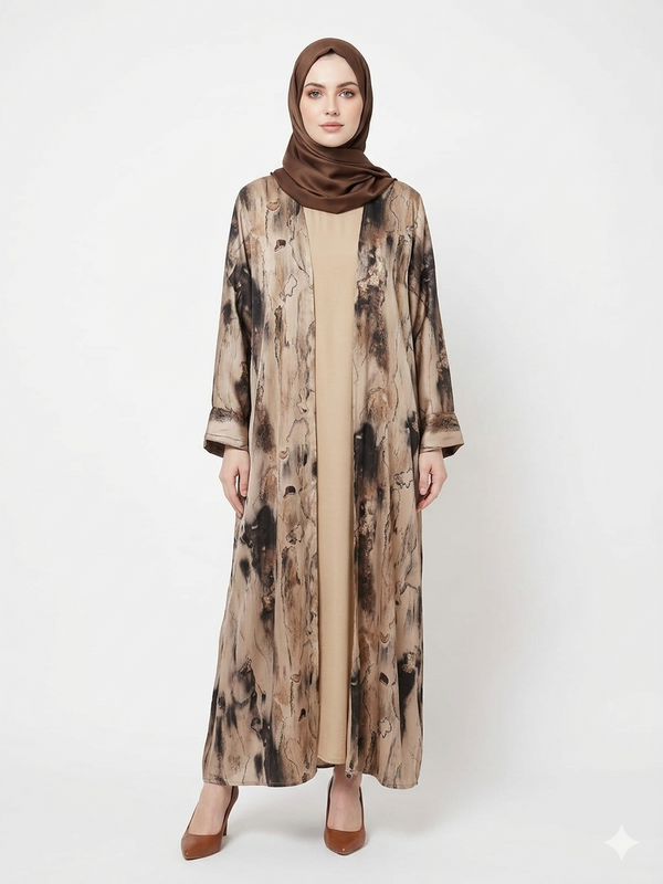 Fair-skinned model with grey eyes wearing the Rizqé Sandstone Marble-print beige satin kimono abaya with a matching tan inner dress and brown scarf against a solid white studio background.