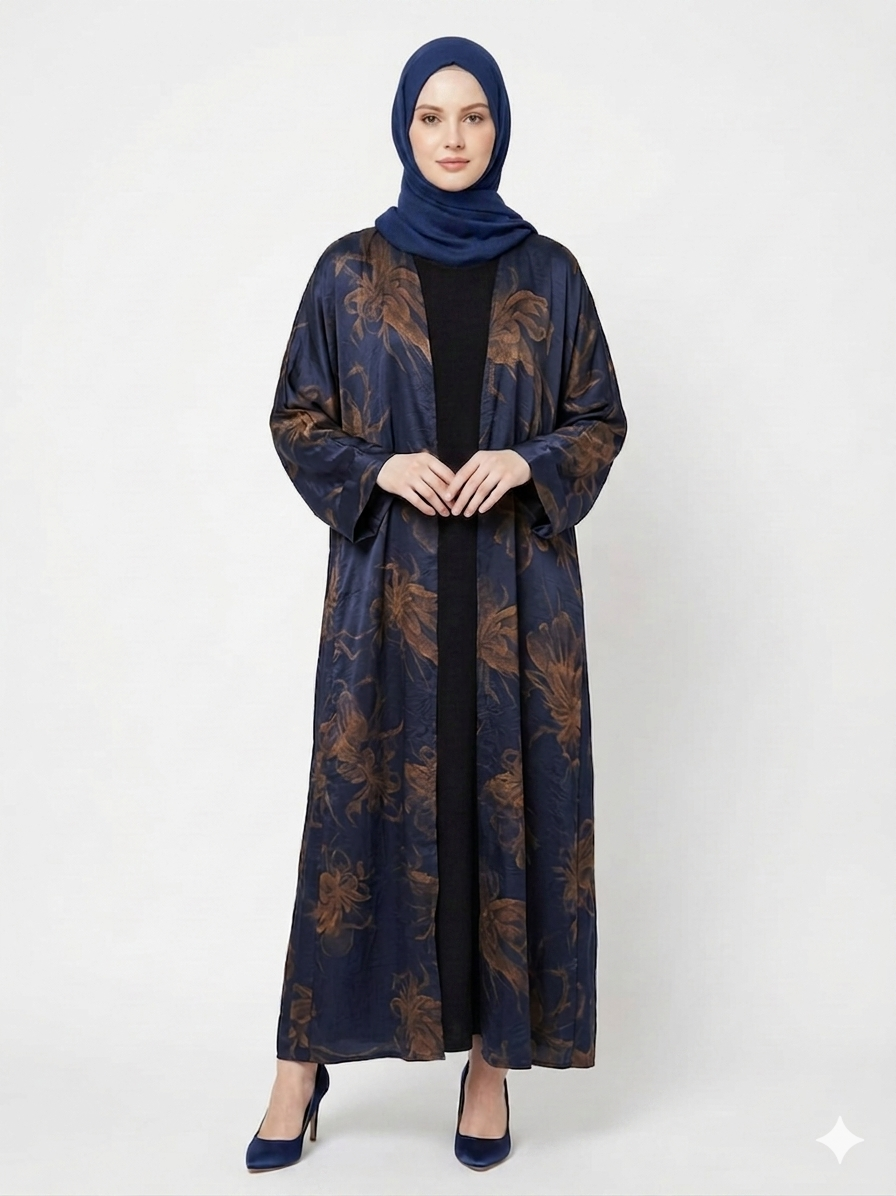 Fair-skinned model with grey eyes wearing the Rizqé Midnight Gold floral-print navy blue satin kimono abaya with a matching navy blue inner dress and scarf against a solid white studio background.