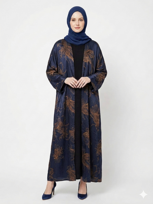 Fair-skinned model with grey eyes wearing the Rizqé Midnight Gold floral-print navy blue satin kimono abaya with a matching navy blue inner dress and scarf against a solid white studio background.