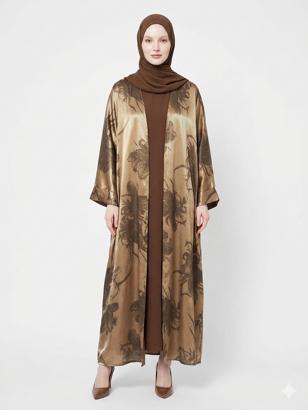 Fair-skinned model with grey eyes wearing the Rizqé Golden Bronze satin kimono abaya with a matching brown inner dress and scarf against a solid white studio background.