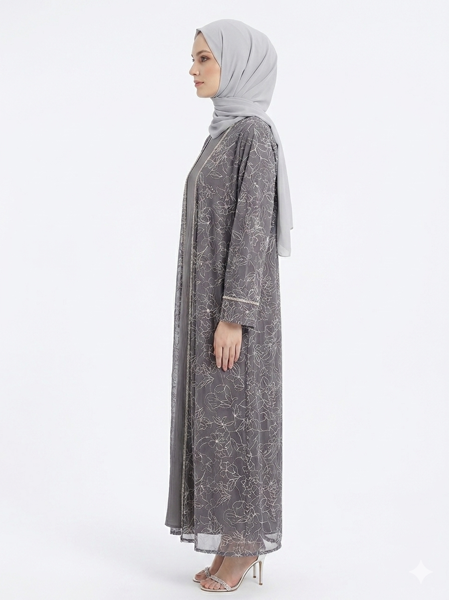 Rizqé Silver Grey Flora Sheer Kimono Elegant Abaya