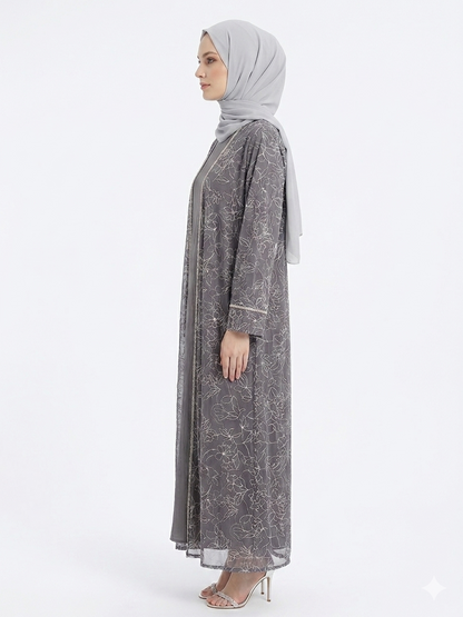 Rizqé Silver Grey Flora Sheer Kimono Elegant Abaya