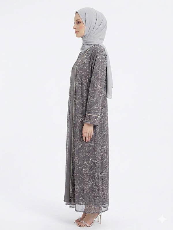 Rizqé Silver Grey Flora Sheer Kimono Elegant Abaya