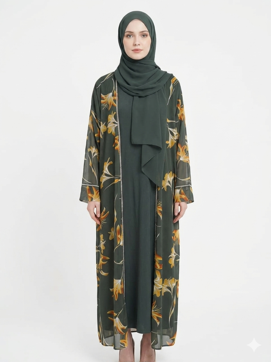 Rizqé Sage Bloom Sheer Floral Kimono Abaya