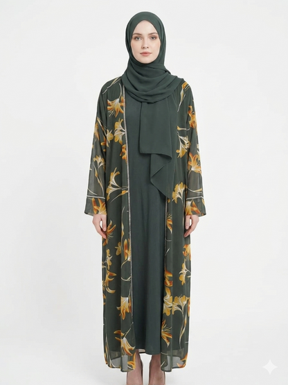 Rizqé Sage Bloom Sheer Floral Kimono Abaya