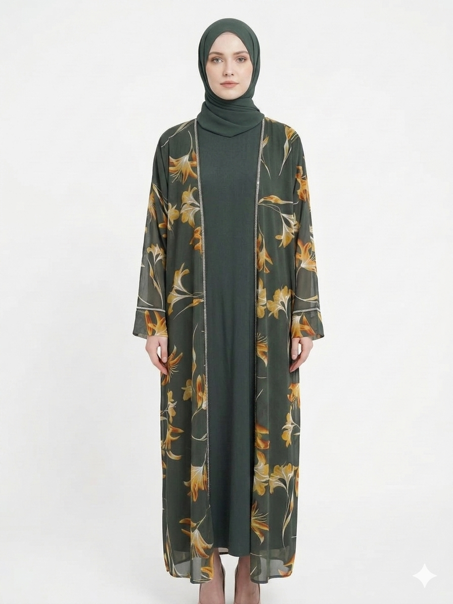 Fair-skinned model with grey eyes wearing the Rizqé Emerald Bloom sheer green floral kimono abaya set with a matching inner dress and hijab against a solid white studio background.