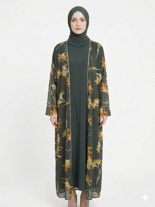 Fair-skinned model with grey eyes wearing the Rizqé Emerald Bloom sheer green floral kimono abaya set with a matching inner dress and hijab against a solid white studio background.