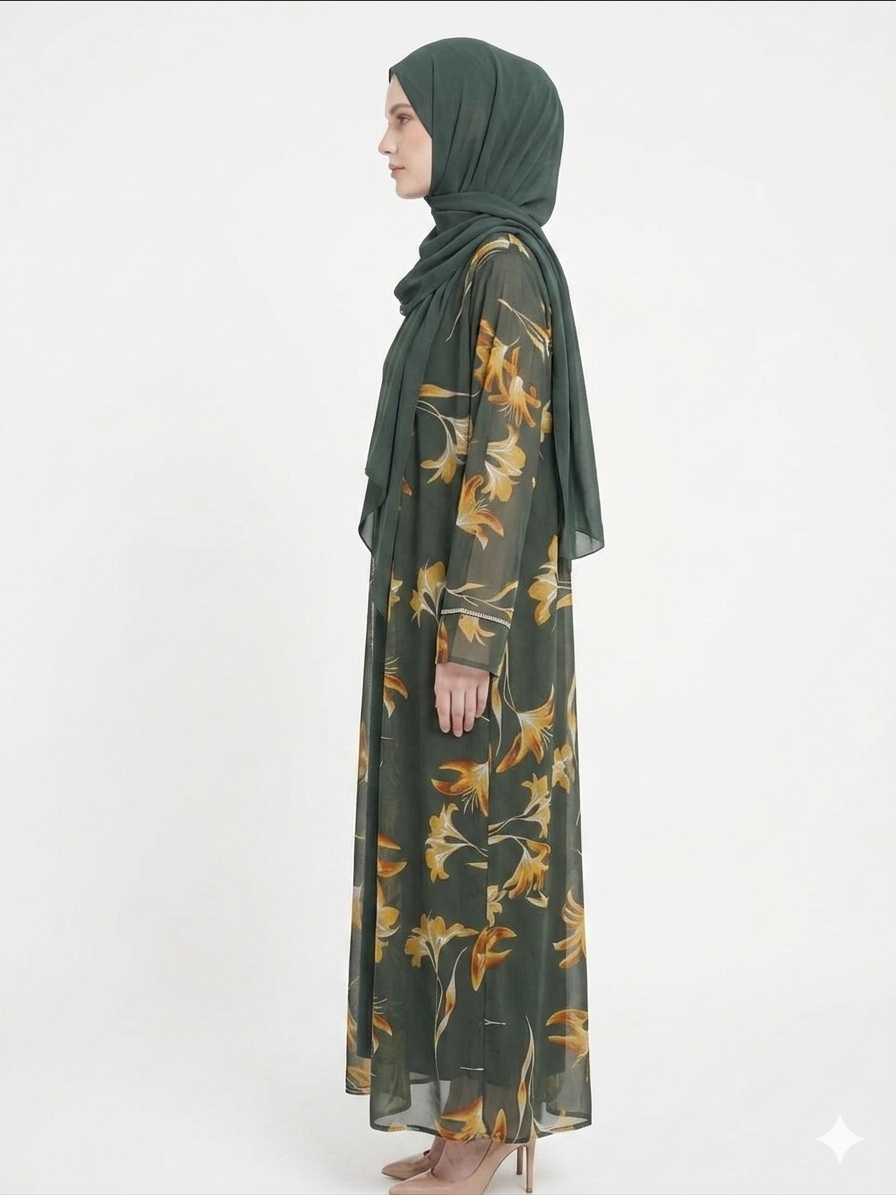 Rizqé Sage Bloom Sheer Floral Kimono Abaya