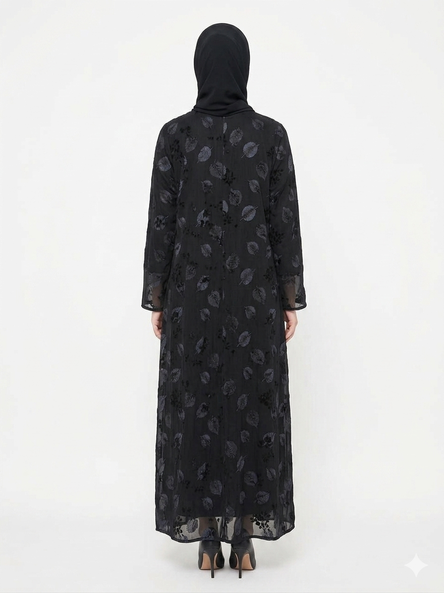 Rizqé Midnight Foliage Leaf Embroidered Abaya Set