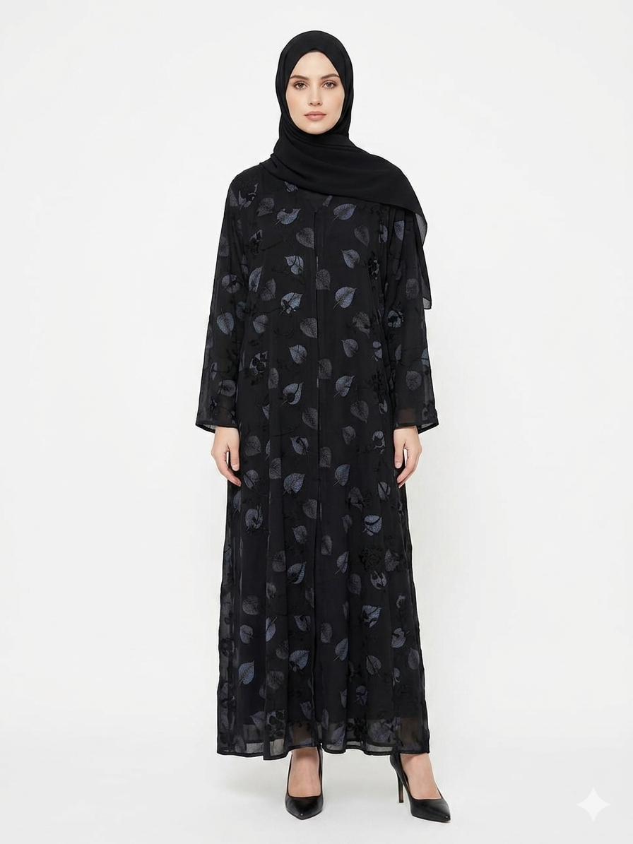 Fair-skinned model with grey eyes wearing the Rizqé Midnight Foliage black leaf-printed abaya with all-over thread embroidery and a matching black hijab against a solid white studio background.