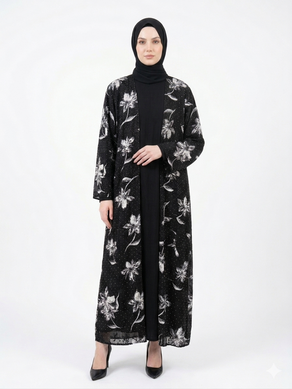 Fair-skinned model wearing the Rizqé Midnight Flora sheer black floral kimono abaya set with a matching black inner dress and hijab against a solid white background.