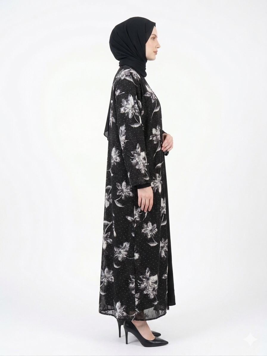 Rizqé Midnight Black and White Flora Sheer Kimono Abaya