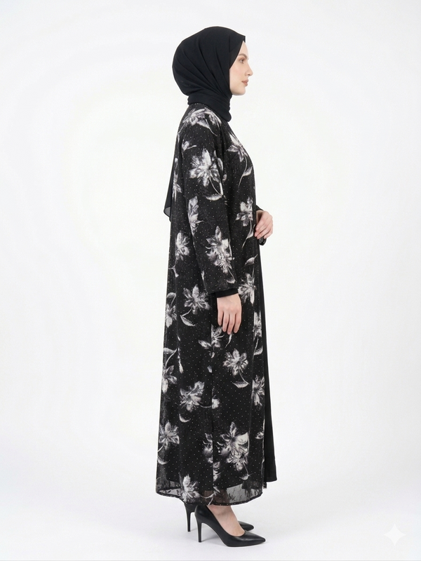 Rizqé Midnight Black and White Flora Sheer Kimono Abaya