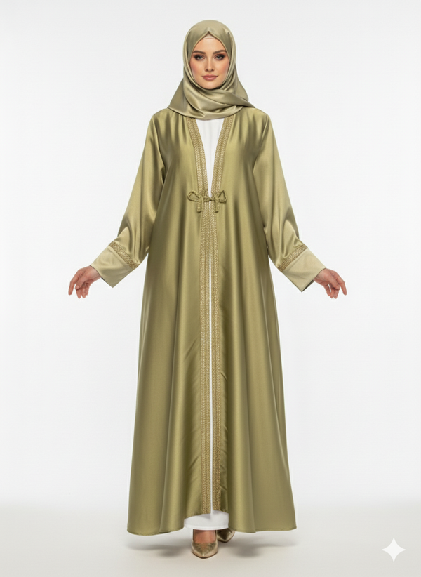 Olive Satin Abaya | Rizqé Gold Trim Open Kimono Dress | Luxury American Satin Glossy Finish