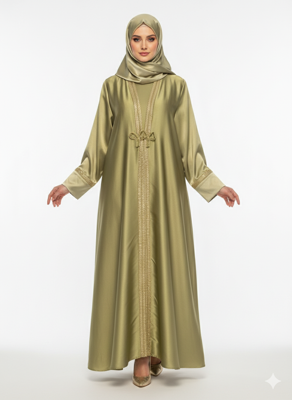 Olive Satin Abaya | Rizqé Gold Trim Open Kimono Dress | Luxury American Satin Glossy Finish