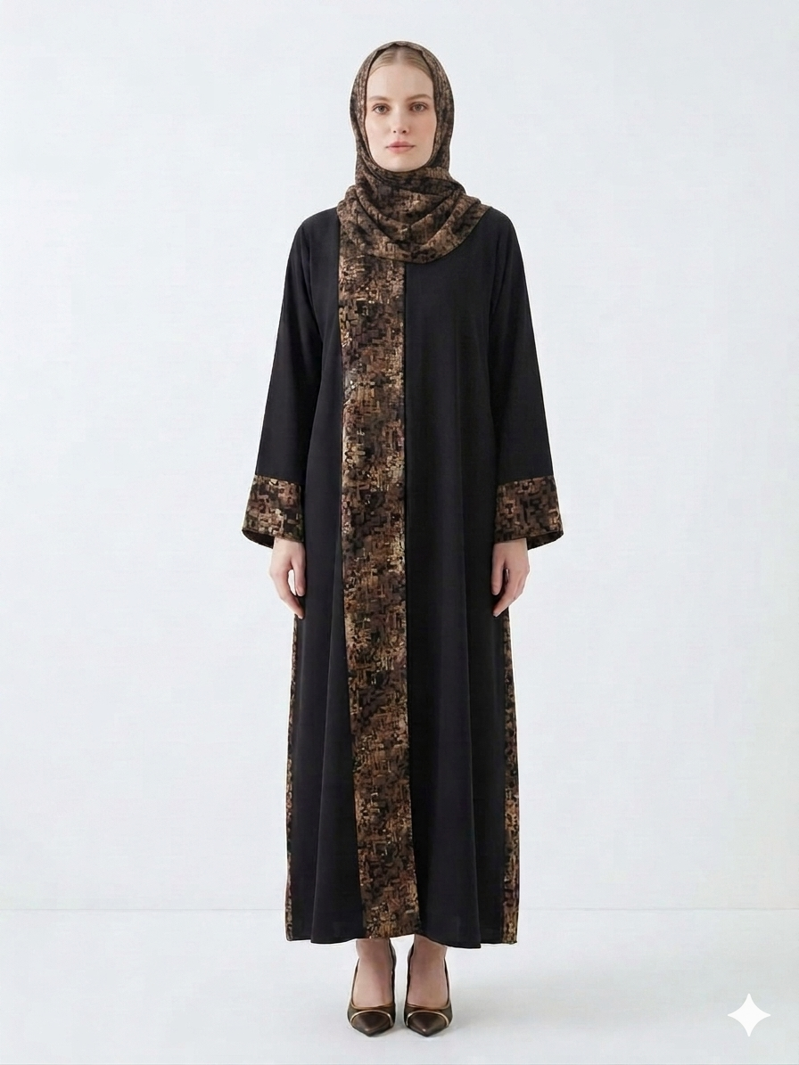 Fair-skinned model with grey eyes wearing the Rizqé Black and Pashmina Print Nida abaya with a printed front panel and full pashmina printed back against a solid white studio background.