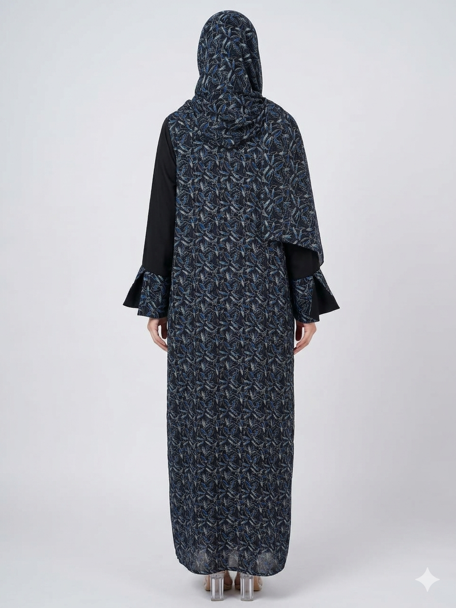 Rizqé Black and Blue Pashmina Printed Nida Abaya