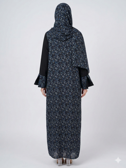 Rizqé Black and Blue Pashmina Printed Nida Abaya