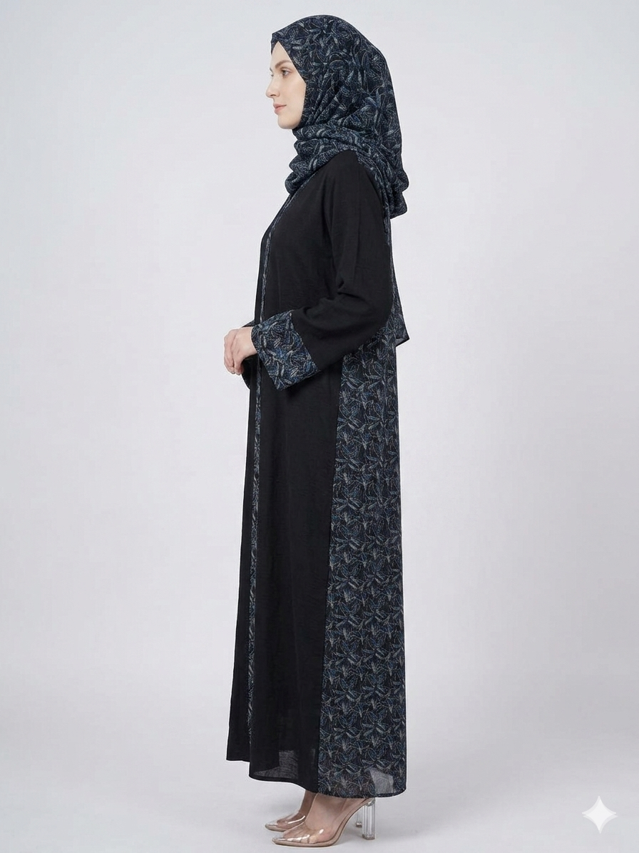 Rizqé Black and Blue Pashmina Printed Nida Abaya