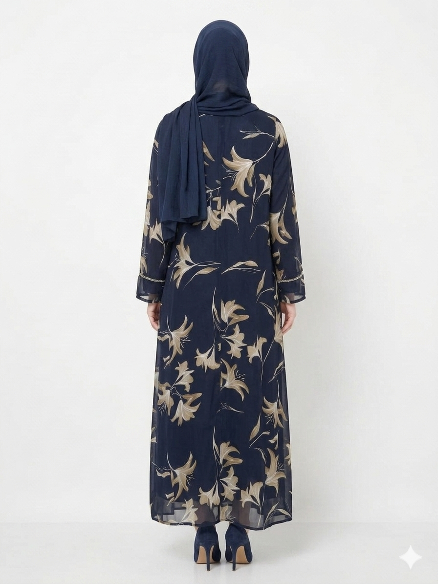 Rizqé Navy Bloom Sheer Floral Kimono Modest Abaya