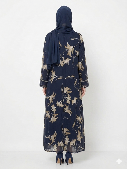 Rizqé Navy Bloom Sheer Floral Kimono Modest Abaya