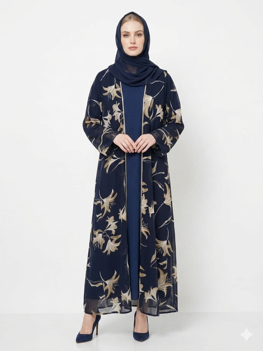 Fair-skinned model with grey eyes wearing the Rizqé Navy Bloom sheer navy blue floral kimono abaya set with a matching inner dress and scarf against a solid white studio background.