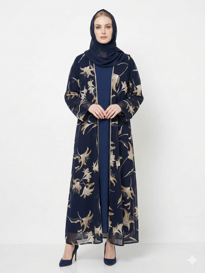 Fair-skinned model with grey eyes wearing the Rizqé Navy Bloom sheer navy blue floral kimono abaya set with a matching inner dress and scarf against a solid white studio background.