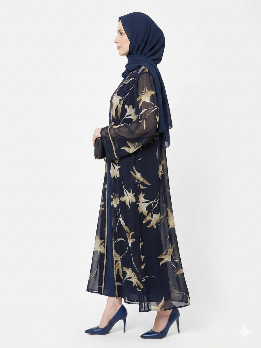 Rizqé Navy Bloom Sheer Floral Kimono Modest Abaya