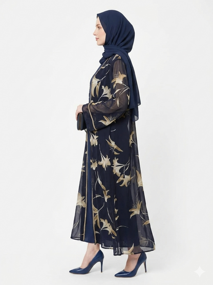 Rizqé Navy Bloom Sheer Floral Kimono Modest Abaya
