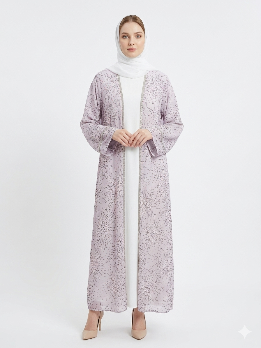 Fair-skinned model with grey eyes wearing the Rizqé Lavender Radiance sheer lavender floral kimono abaya set with a matching white inner dress and hijab against a solid white studio background.