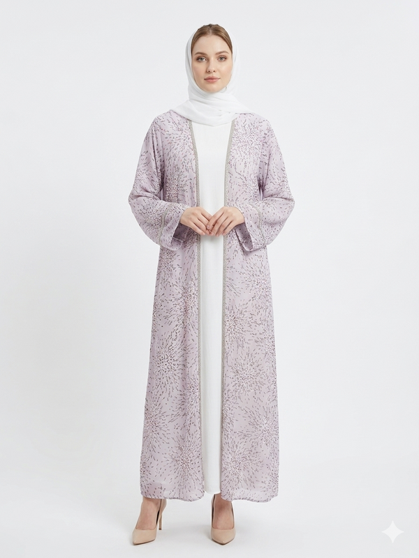 Fair-skinned model with grey eyes wearing the Rizqé Lavender Radiance sheer lavender floral kimono abaya set with a matching white inner dress and hijab against a solid white studio background.