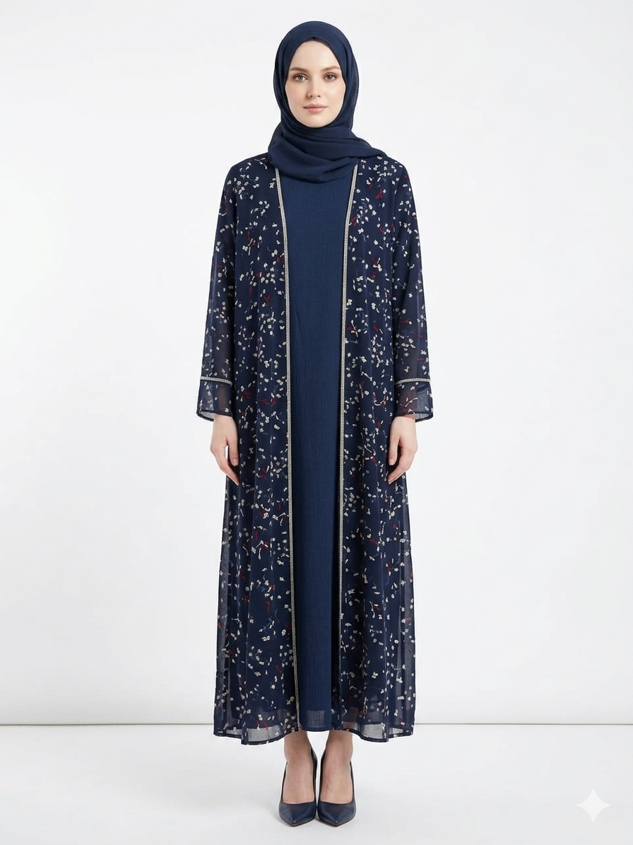 Fair-skinned model with grey eyes wearing the Rizqé Midnight Ditsy sheer dark blue small floral kimono abaya set with a matching inner dress and scarf against a solid white studio background.