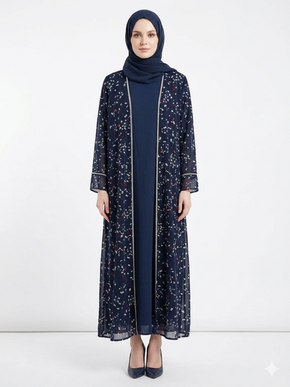 Fair-skinned model with grey eyes wearing the Rizqé Midnight Ditsy sheer dark blue small floral kimono abaya set with a matching inner dress and scarf against a solid white studio background.