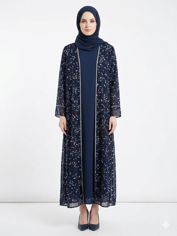 Fair-skinned model with grey eyes wearing the Rizqé Midnight Ditsy sheer dark blue small floral kimono abaya set with a matching inner dress and scarf against a solid white studio background.