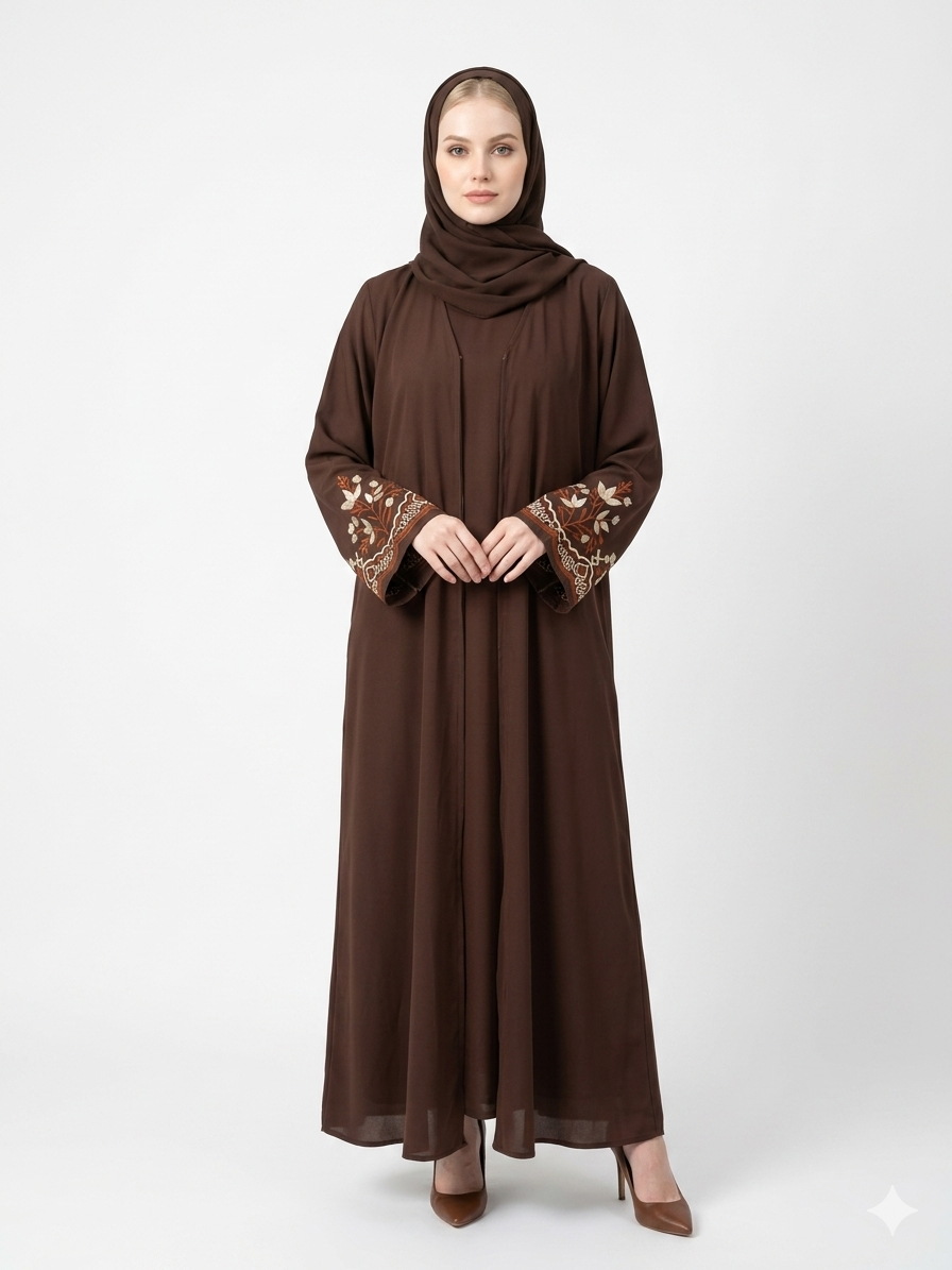 Fair-skinned model with grey eyes wearing the Rizqé Chocolate Embroidered Nida abaya set with a matching hijab against a solid white studio background.