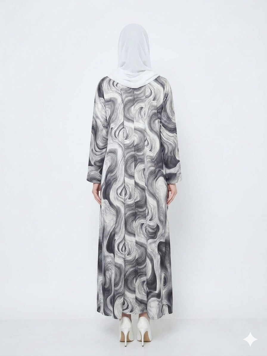 Rizqé Bianco Grey and White Swirl Satin Kimono Abaya