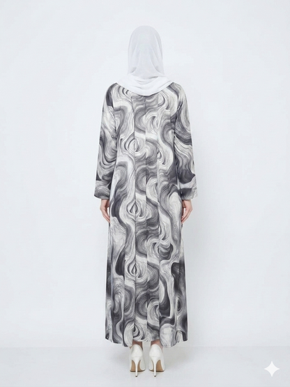Rizqé Bianco Grey and White Swirl Satin Kimono Abaya