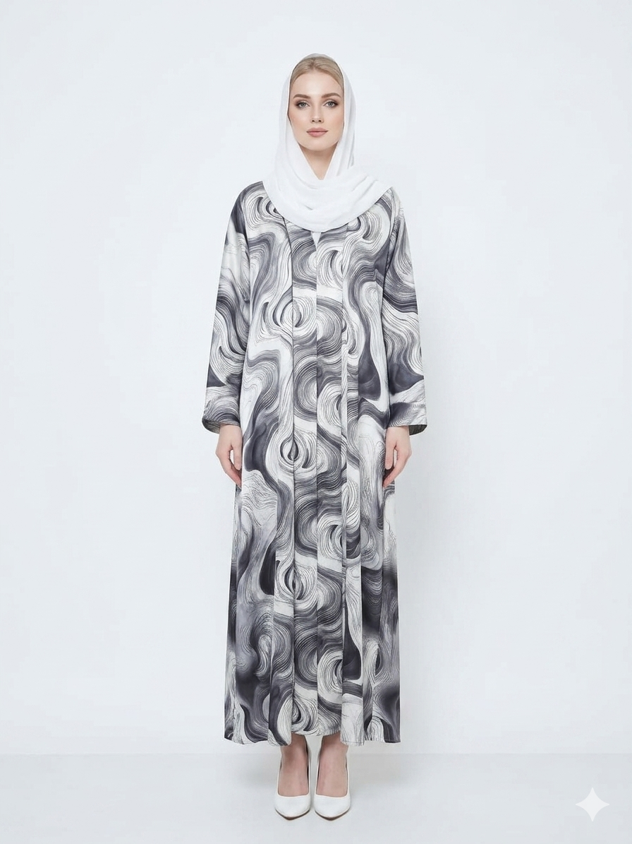 Fair-skinned model with grey eyes wearing the Rizqé Bianco Swirl satin kimono abaya with a matching white inner dress and scarf against a solid white studio background.