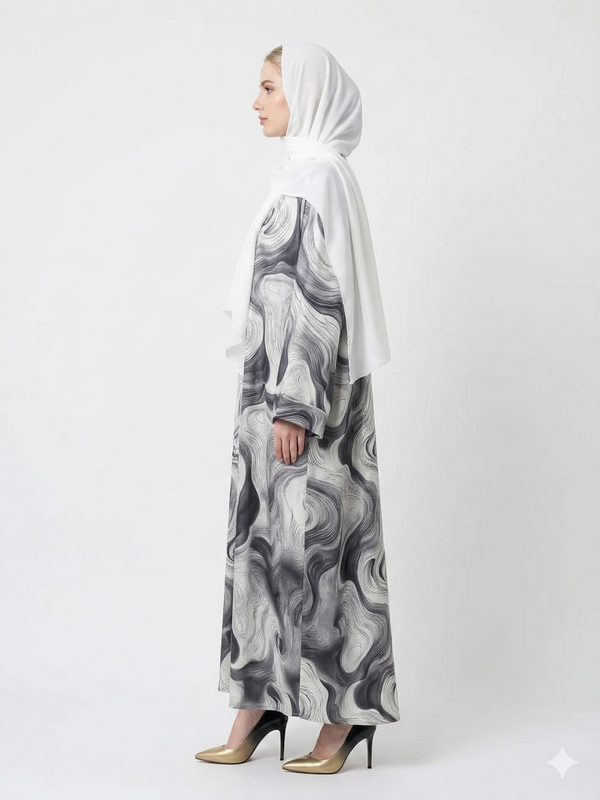Rizqé Bianco Grey and White Swirl Satin Kimono Abaya