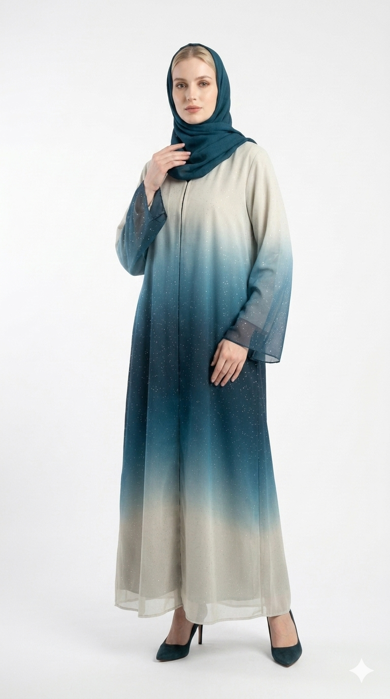 Fair-skinned model with grey eyes wearing the Rizqé Azure Ombre shimmer abaya with a matching dark teal hijab against a solid white studio background.