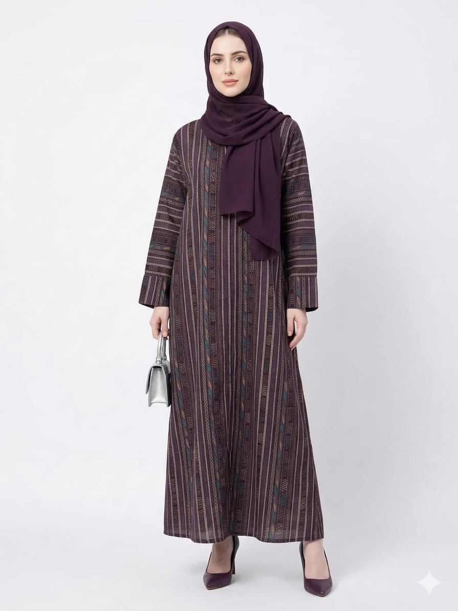 Fair-skinned model with grey eyes wearing the Rizqé Amethyst Heritage purple cotton abaya with intricate vertical woven patterns and a matching purple hijab.