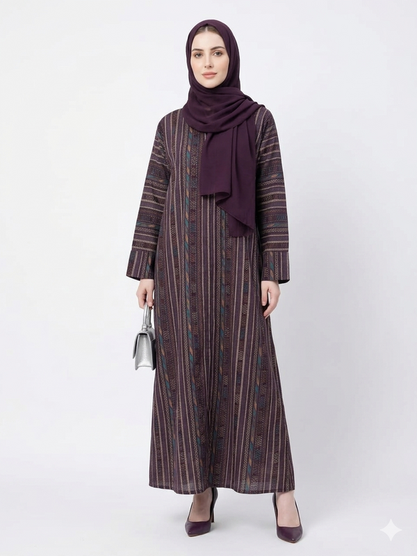 Fair-skinned model with grey eyes wearing the Rizqé Amethyst Heritage purple cotton abaya with intricate vertical woven patterns and a matching purple hijab.