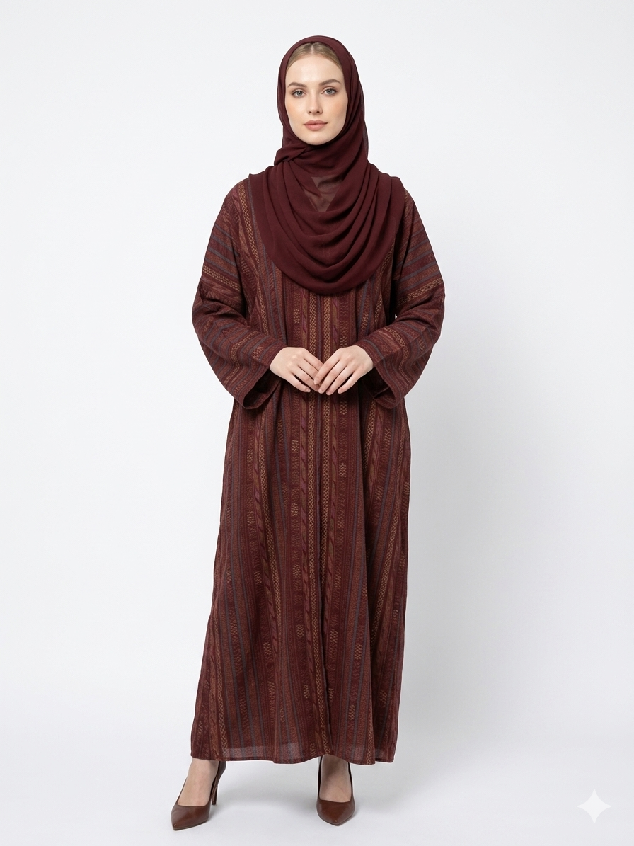 Fair-skinned model with grey eyes wearing the Rizqé Crimson Heritage cotton maroon abaya set with a matching maroon inner dress and hijab against a solid white studio background.