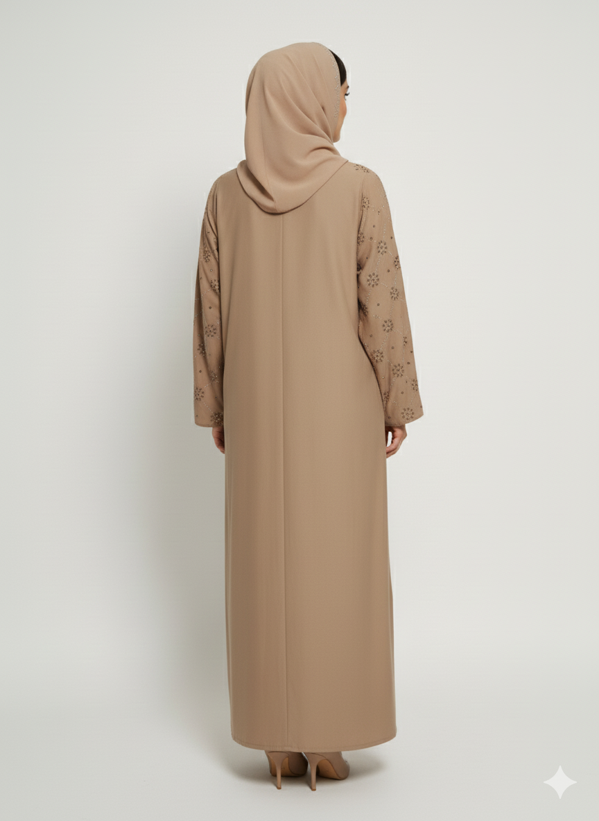 Taupe Nida Abaya | Star/Floral Silver Embellished Silhouette Dress | Rizqé Modest Luxury
