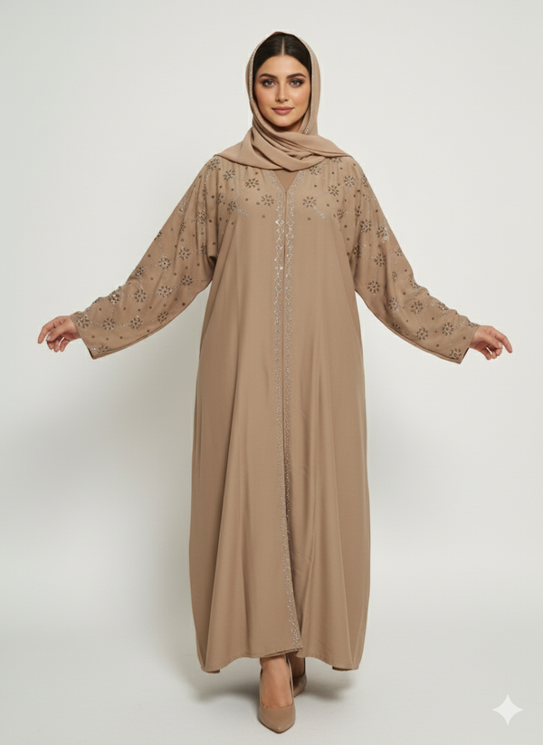 Taupe Nida Abaya | Star/Floral Silver Embellished Silhouette Dress | Rizqé Modest Luxury