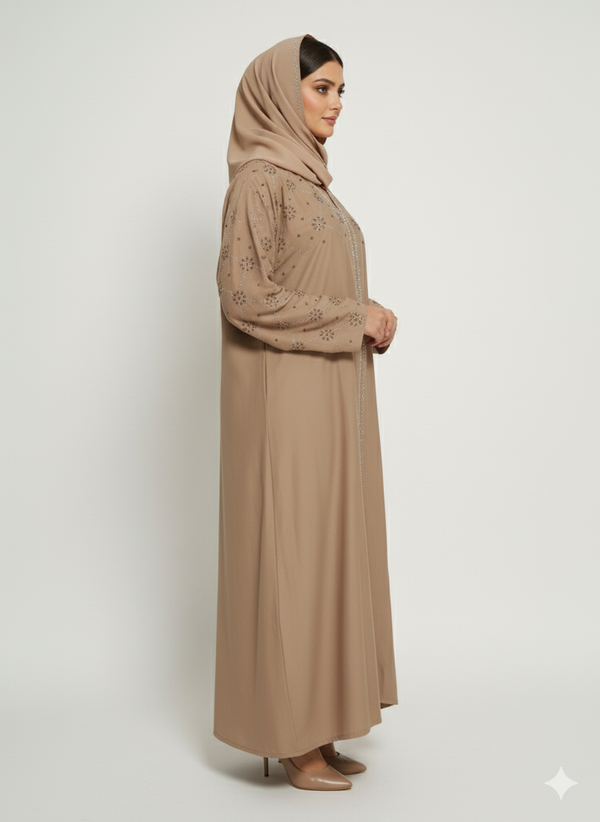 Taupe Nida Abaya | Star/Floral Silver Embellished Silhouette Dress | Rizqé Modest Luxury